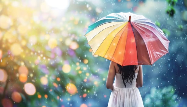 A woman is walking in the rain with a rainbow umbrella.