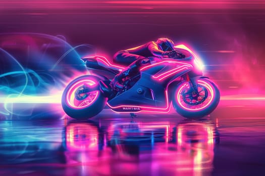 A neon bike is shown in a neon color with a man on it.