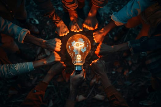 a group of people holding hands with a bulb , forming a circle of support and solidarity generative ai.