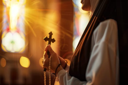 A woman holds a cross in her hands and prays intently in a Christian church, AI generation.