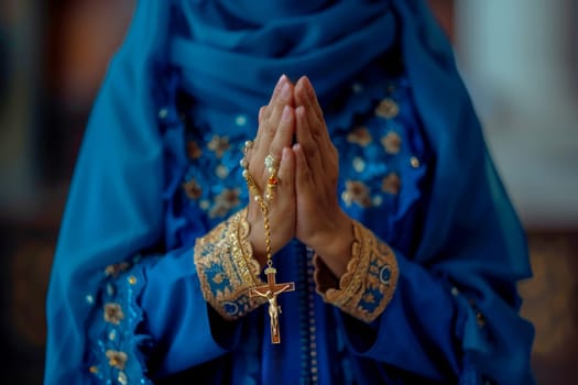 A woman holds a cross in her hands and prays intently in a Christian church, AI generation.