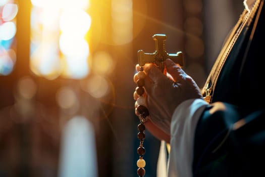 A man holds a cross in his hands and prays intently in a Christian church, AI generation.