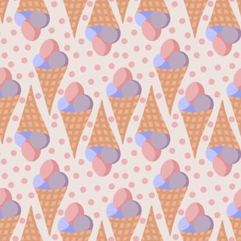 Hand drawn seamless pattern of ice cream with polka dot, retro vintage style. Pink lilac yellow round shape with chocolate, sweet tasty summer holiday food, fun design for colorful beach art