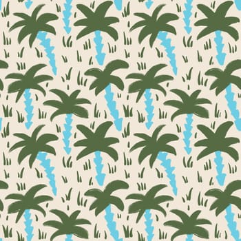 Hand drawn seamless pattern with green palm trees blue turquoise on beige background. Tropical island beach summer print, coastal cocnut tree landscape design, elegant pastel art