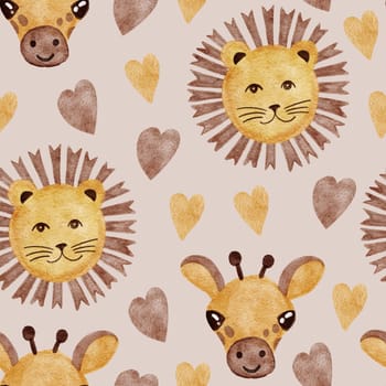 Hand drawn seamless pattern with watercolor african lions and giraffe. Cute beige brown heart, funny animal print for kids children nursery, ild wildlife zoo safari illustration, modern boho