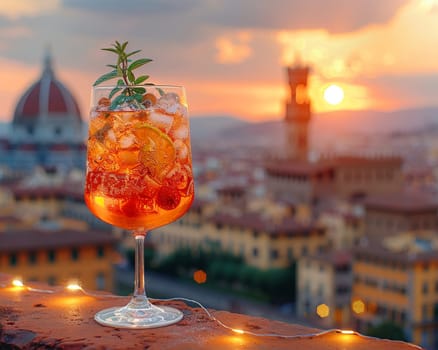 Aperol Spritz on a balcony overlooking the orange rooftops of Florence, symbolizing Italian aperitivo culture.