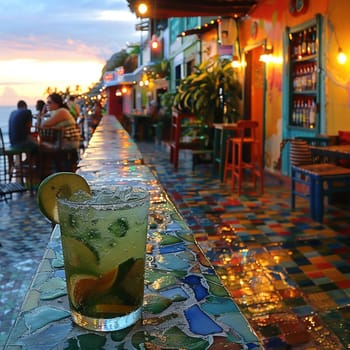 Caipirinha on a colorful street in Rio de Janeiro during Carnival, encompassing the spirit of Brazil.