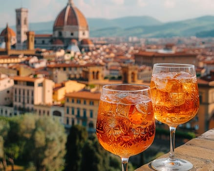 Aperol Spritz on a balcony overlooking the orange rooftops of Florence, symbolizing Italian aperitivo culture.