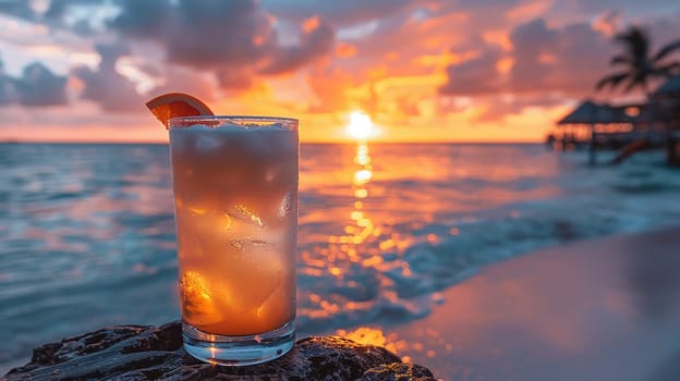 Pina Colada at a seaside resort in the Caribbean, with a tropical sunset painting the sky.