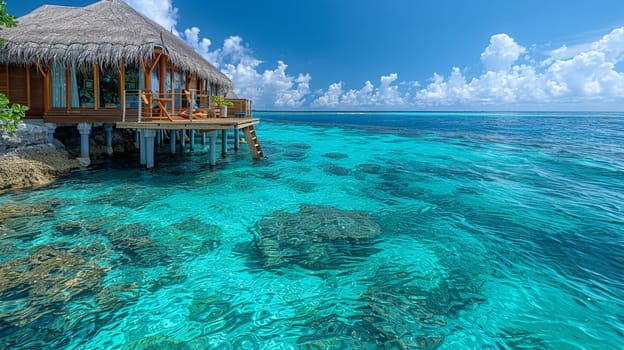Blue Lagoon at an overwater bungalow in the Maldives, the water's hue matching the cocktail's vibrant color.