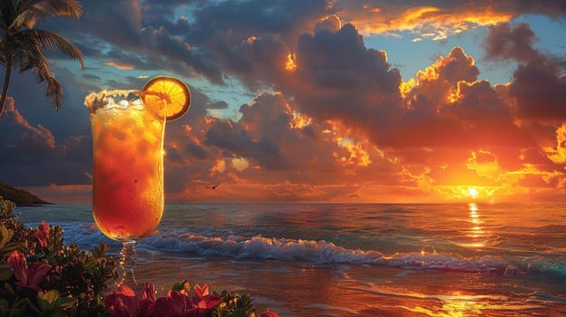 Pina Colada at a seaside resort in the Caribbean, with a tropical sunset painting the sky.
