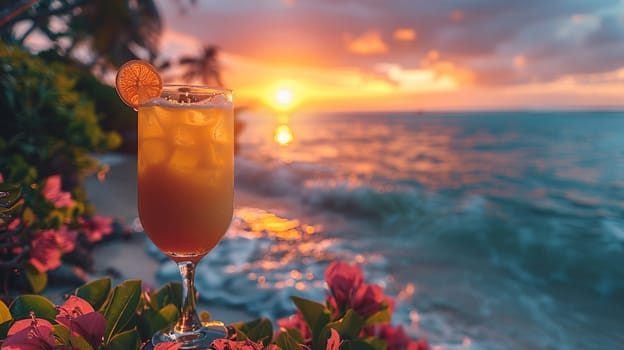 Pina Colada at a seaside resort in the Caribbean, with a tropical sunset painting the sky.