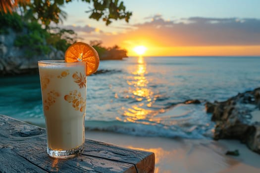 Pina Colada at a seaside resort in the Caribbean, with a tropical sunset painting the sky.