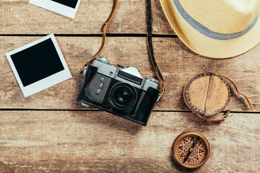 Top view of travel equipment for a mountain trip