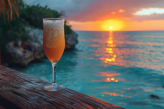 Pina Colada at a seaside resort in the Caribbean, with a tropical sunset painting the sky.