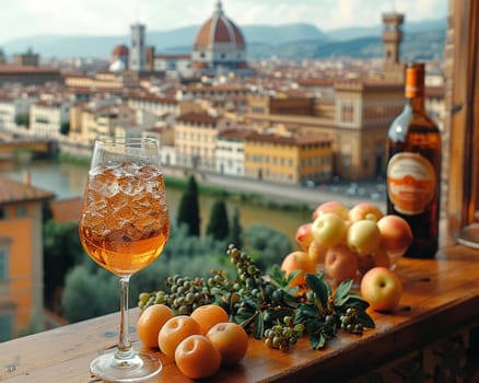 Aperol Spritz on a balcony overlooking the orange rooftops of Florence, symbolizing Italian aperitivo culture.