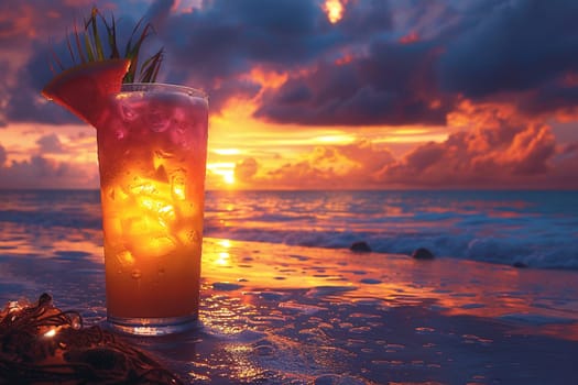 Pina Colada at a seaside resort in the Caribbean, with a tropical sunset painting the sky.