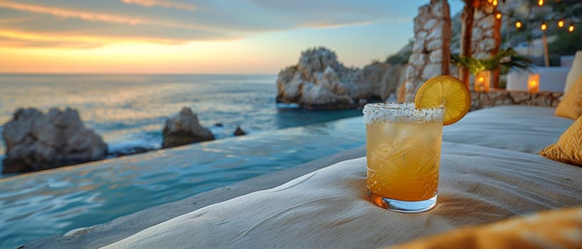 Margarita on a cliffside terrace overlooking the Sea of Cortez, the perfect setting for the classic Mexican cocktail.