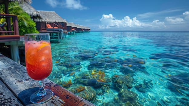 Blue Lagoon at an overwater bungalow in the Maldives, the water's hue matching the cocktail's vibrant color.