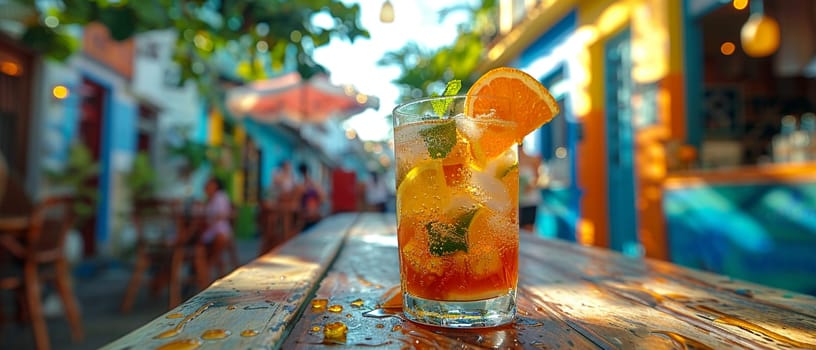 Caipirinha on a colorful street in Rio de Janeiro during Carnival, encompassing the spirit of Brazil.