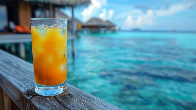 Blue Lagoon at an overwater bungalow in the Maldives, the water's hue matching the cocktail's vibrant color.