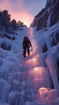 Ice climber ascending a frozen waterfall, showcasing adventure and challenge