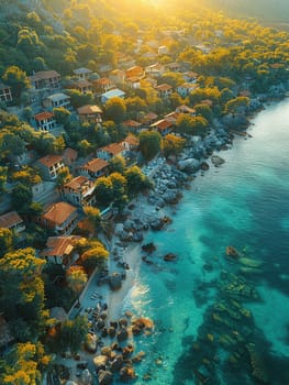 Drone view of a coastal town, illustrating perspective and the blend of nature and civilization.