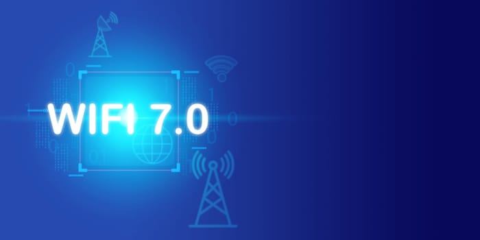 WIFI 7.0 Futuristic blue abstract technology background, Wifi 7 Technology concept, Connecting to the internet with world new technology, Concept of more efficient bandwidth with new technologies.