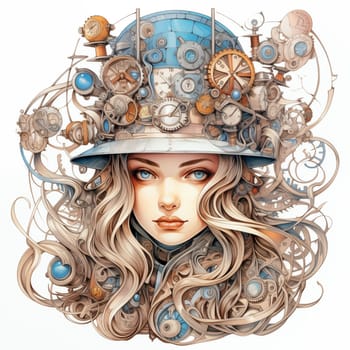 Alice in Wonderland in Steampunk Style Illustration. Portrait of a Girl in Abstract Hat.