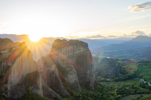 Summer Greece. Sunset over the tops of the rocks in the Meteora valley