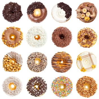 Delicious donuts collage, isolated on white