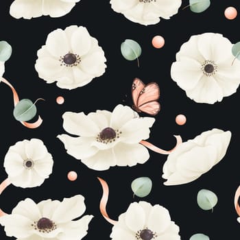 Seamless pattern featuring white watercolor anemones, eucalyptus leaves, satin ribbons, and rhinestones. textile, web design, print materials greeting cards wallpapers gift packaging accessories.