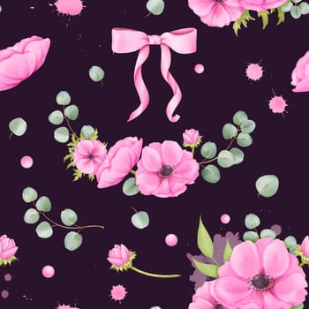 Seamless pattern featuring watercolor flowers. Pink anemones, silk ribbon, watercolor splashes, eucalyptus leaves, rhinestones. Suitable for backgrounds, wallpapers, textiles, stationery, and more.