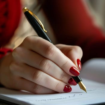 Close up of business woman hand writing notes with a pen. She is dressed elegant in red and indoors.