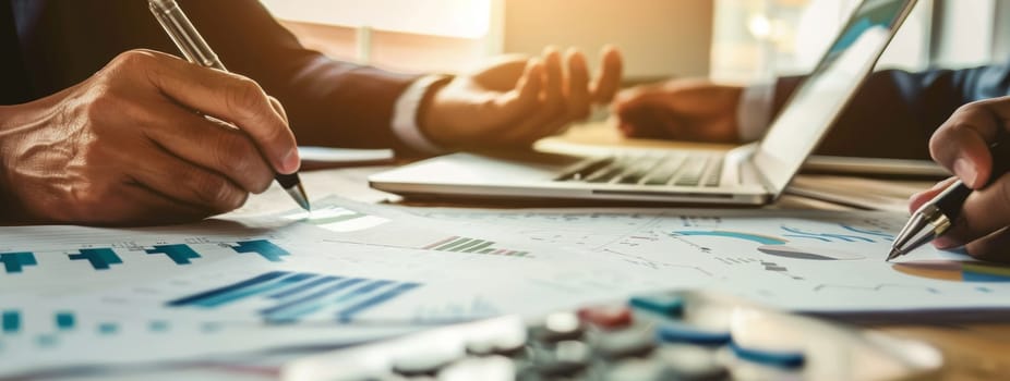 Close up of men working at a desk with a laptop and papers. Accounting and financial expertise concept.