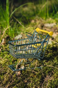 Shopping trolley on Background nature, forest, trees greenery. Sustainable lifestyle, conscious consumption. Mindful spending Black Friday sale discount shopaholism, ecology concept. The concept of purchase of environmentally friendly products, delivery of products from farms, locally grown