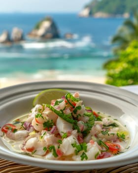 A plate of peruvian food ceviche with a view of the ocean in the background