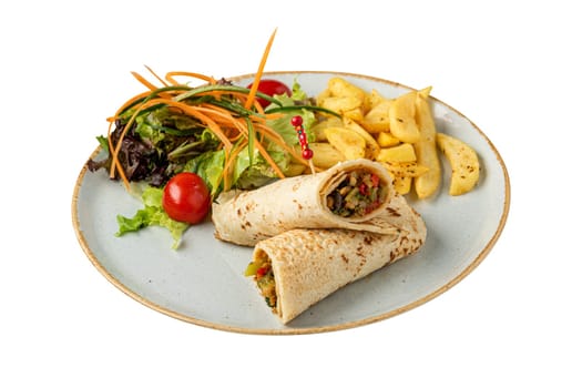 Mushroom veggie wrap with french fries and salad