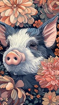 An illustration of a pig surrounded by colorful flowers in a painting, showcasing the beauty of terrestrial animals in art