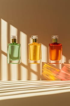 Three bottles of perfume are displayed on a white table, with the person's hands holding them. The bottles are of different colors and sizes, and the scene conveys a sense of luxury and sophistication