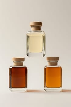 Three bottles of alcohol are stacked on top of each other. The bottles are made of glass and have wooden lids. The bottles are of different colors and sizes