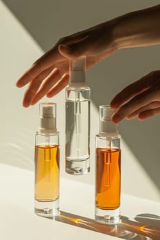 Three bottles of perfume are displayed on a white table, with the person's hands holding them. The bottles are of different colors and sizes, and the scene conveys a sense of luxury and sophistication