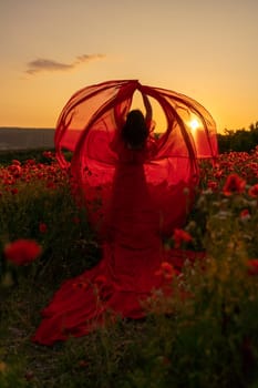 Woman poppy field red dress sunset. Happy woman in a long red dress in a beautiful large poppy field. Blond stands with her back posing on a large field of red poppies.