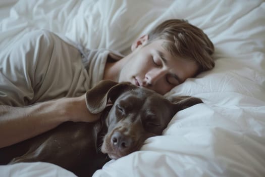 A man is sleeping with his dog on a bed. The dog is laying on the man's chest