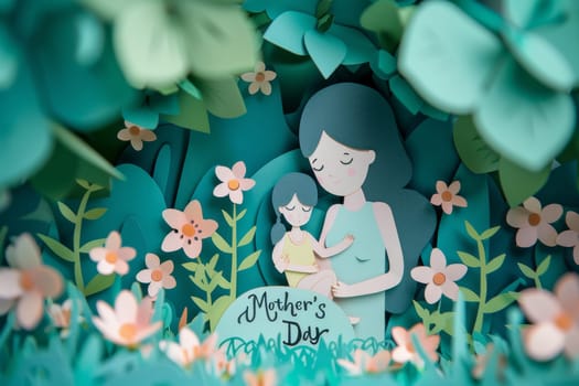 A blue and white Mother's Day card with a woman and child on it. The card is decorated with flowers and has a blue background