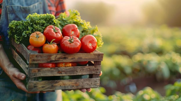 A woman is holding a basket of vegetables, including tomatoes, broccoli, and carrots. The basket is placed on her lap, and she is in a garden setting. Concept of freshness and abundance