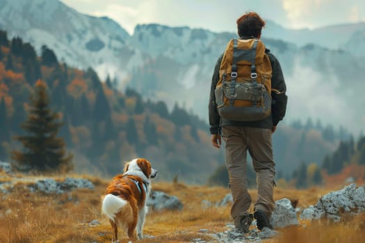 A man and his dog are walking in the mountains. The man is wearing a backpack and the dog is wearing a harness. The scene is peaceful and serene, with the mountains in the background