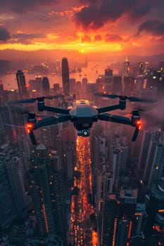 A quadcopter is patrolling over the evening city.