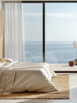 Minimalist bedroom interior with ocean sea view. Modern coastal interior. Summer, travel, vacation, dreams holiday, resort.