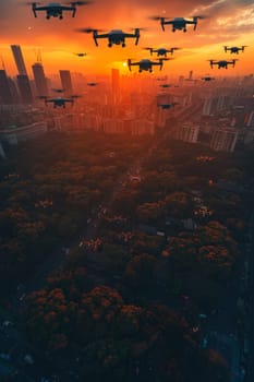 A squadron of unmanned aerial vehicles patrols over the evening city.